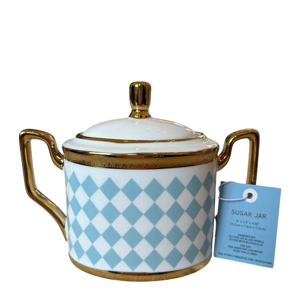 Almeria Blue & White Harlequin Porcelain Sugar Jar w/ Lid Gold Accents NEW